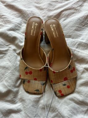 Call It Spring Cherry Raffia Slide Sandals Block Heel Vegan Straw Summer US 7.5